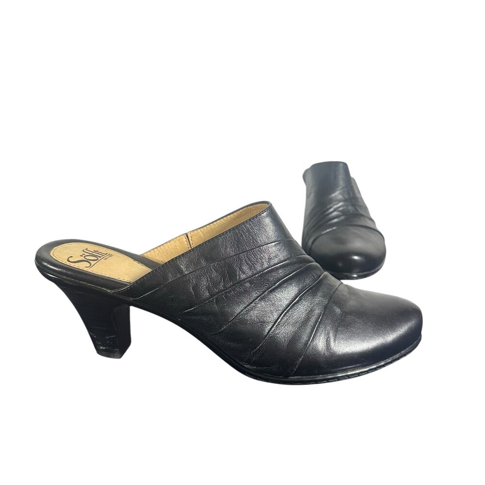 Sofft Black Leather Slip-On Heeled Mules Size 10 Comfort